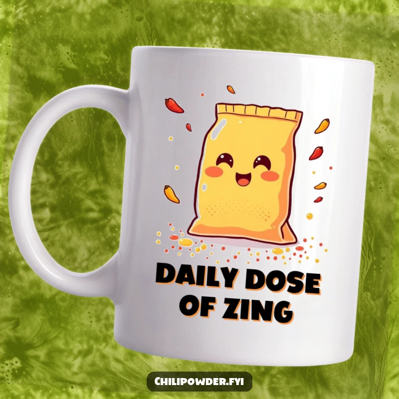 Funny Kawaii chili powder bag smiling widely while scattering colorful spices, a joyful and humorous mug design.