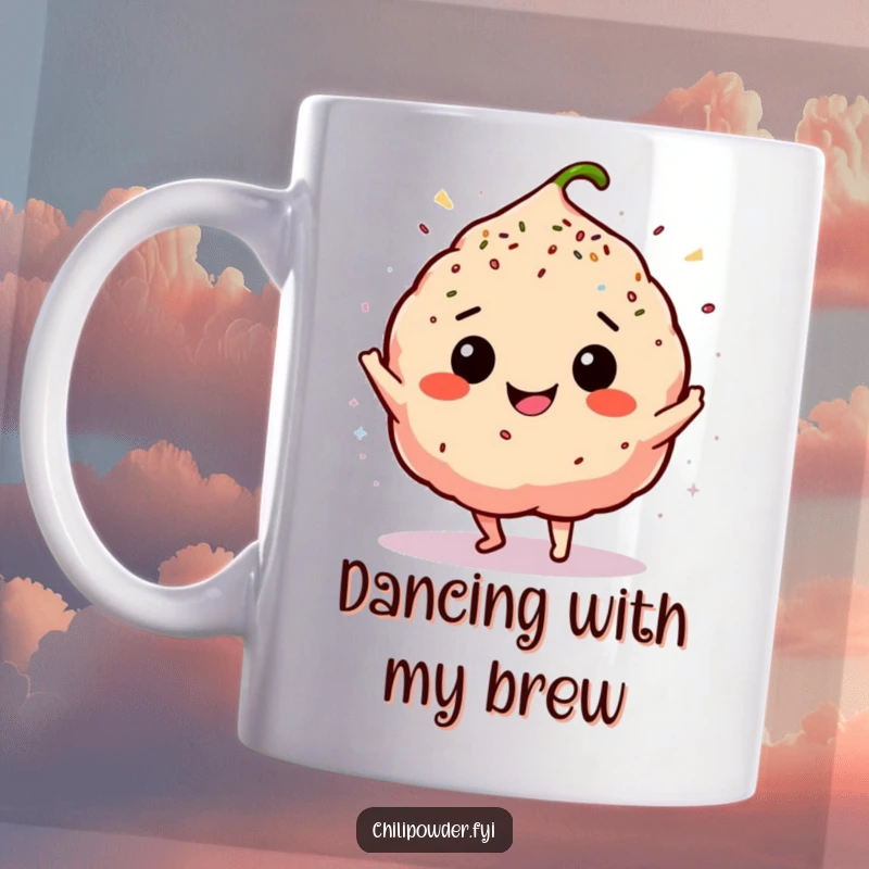 Funny chili powder puff joyfully dancing with sprinkles falling around it, captured on a humorous mug.