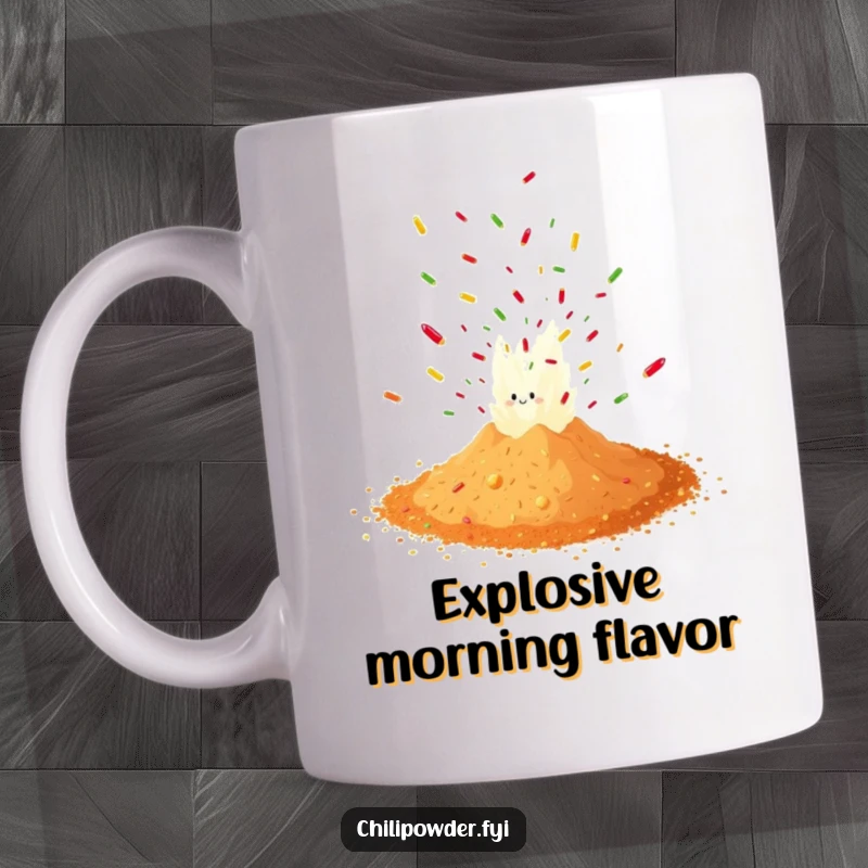 Funny chili powder pile erupting in a festive puff of colorful confetti, symbolizing a spicy celebration on this mug.