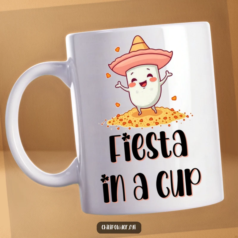 Funny chili powder mug with a tiny sombrero, dancing energetically with a festive and joyful expression.