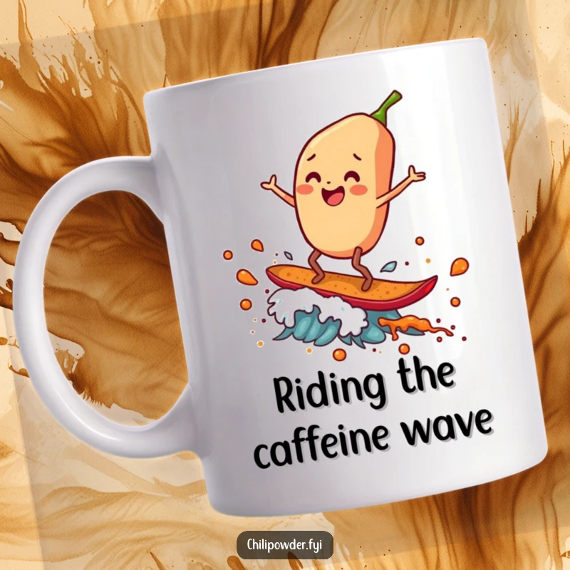 Funny Chili Flake Surfer Mug gleefully rides a wave of spice, showcasing extreme fun and a love for flavor.