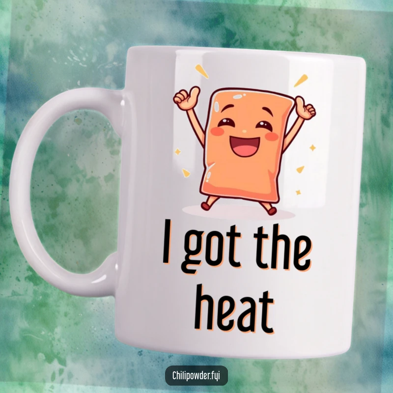 Funny small chili powder pouch performs a victorious dance with a triumphant grin on a humorous mug, celebrating success.