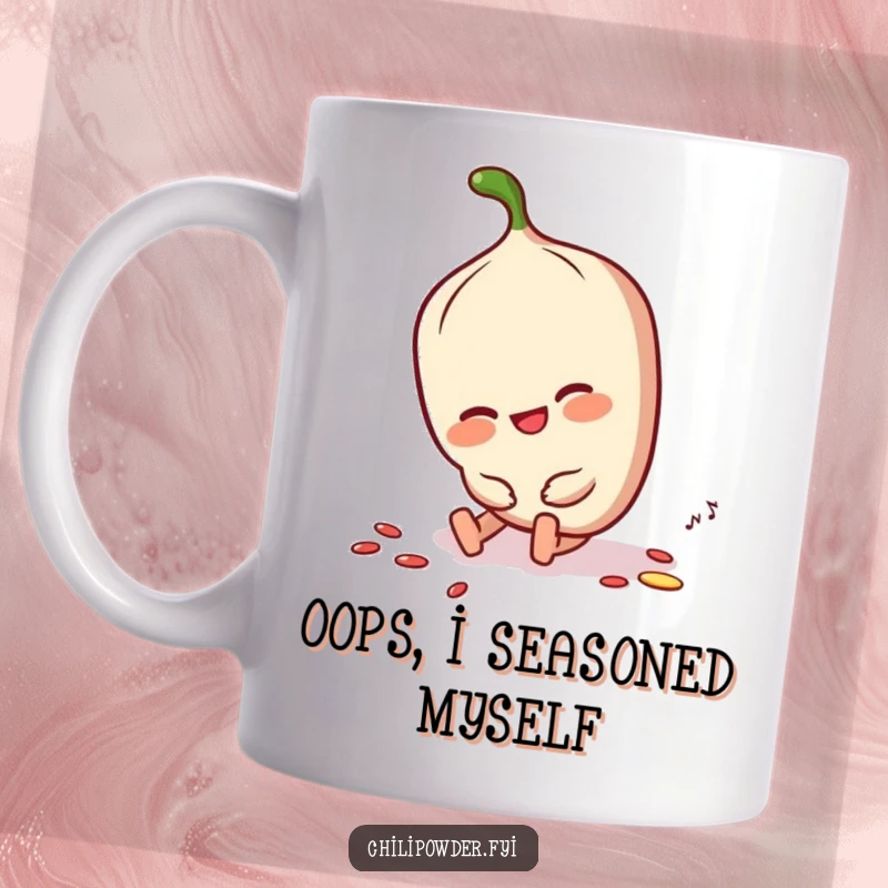 Funny chili powder character tripping but smiling, dusting itself off on a mug, conveying resilience and humor.
