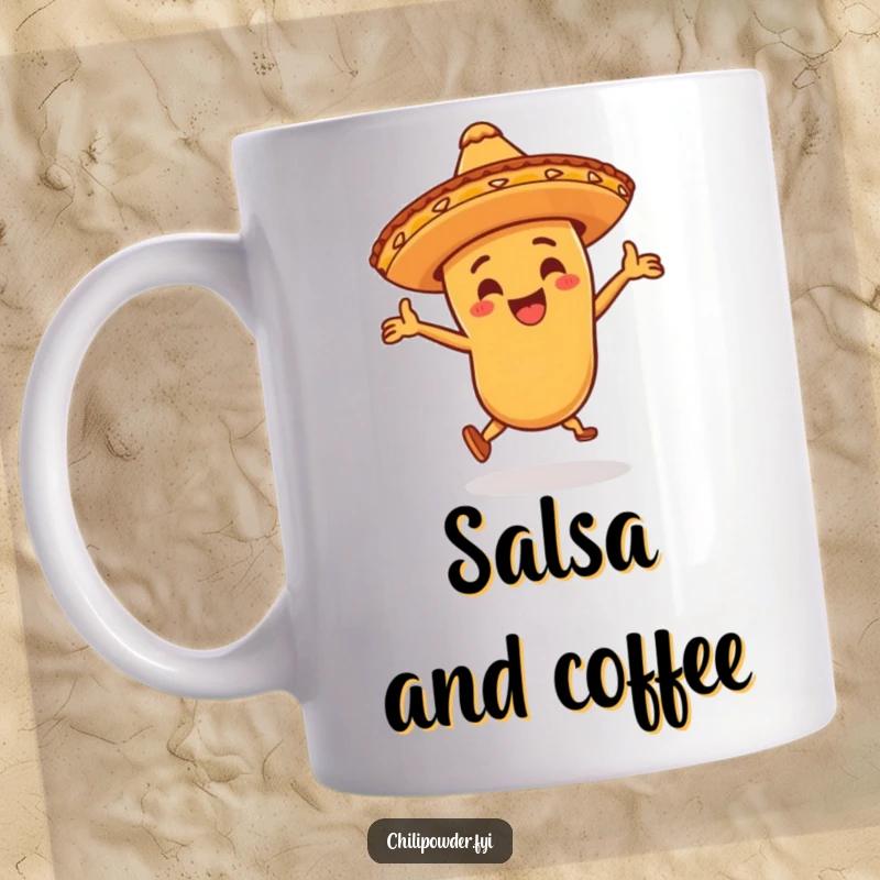 Funny chili powder character wearing a little sombrero, dancing wildly on a mug, embodying pure joy, celebration, and a love for festivities.