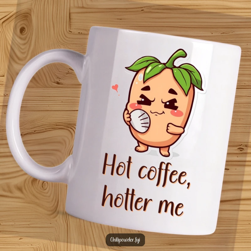 Funny chili powder character with a happy grimace, fanning its face on a mug, showing enjoyment despite the intense heat of spices.