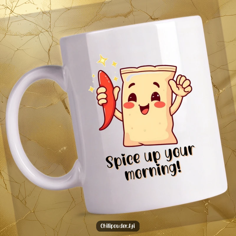 Funny chili powder bag character giving a high-five with a joyful shimmer, perfect for a mug gift.