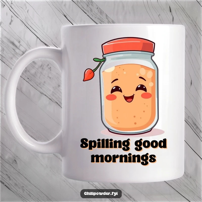 Funny chili powder jar with a happy grin, playfully tipping over, on this hilarious and cheerful mug.