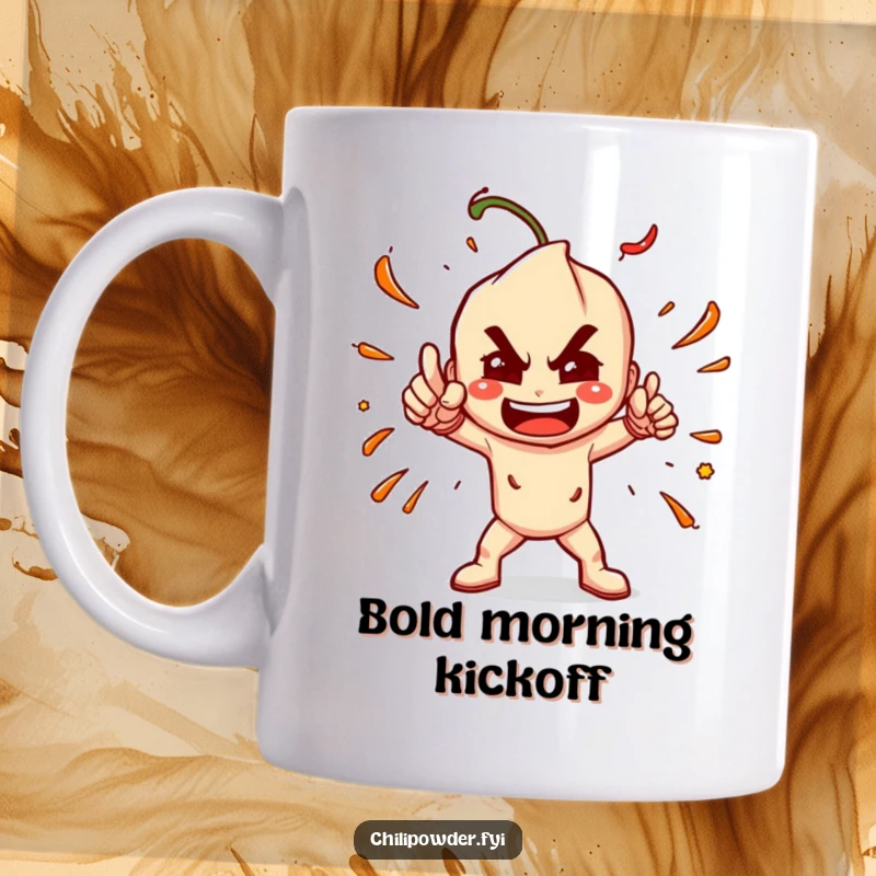 Funny Chili Powder Pose Mug: A chili powder character executing a dramatic and spicy pose, exuding confidence and heat.