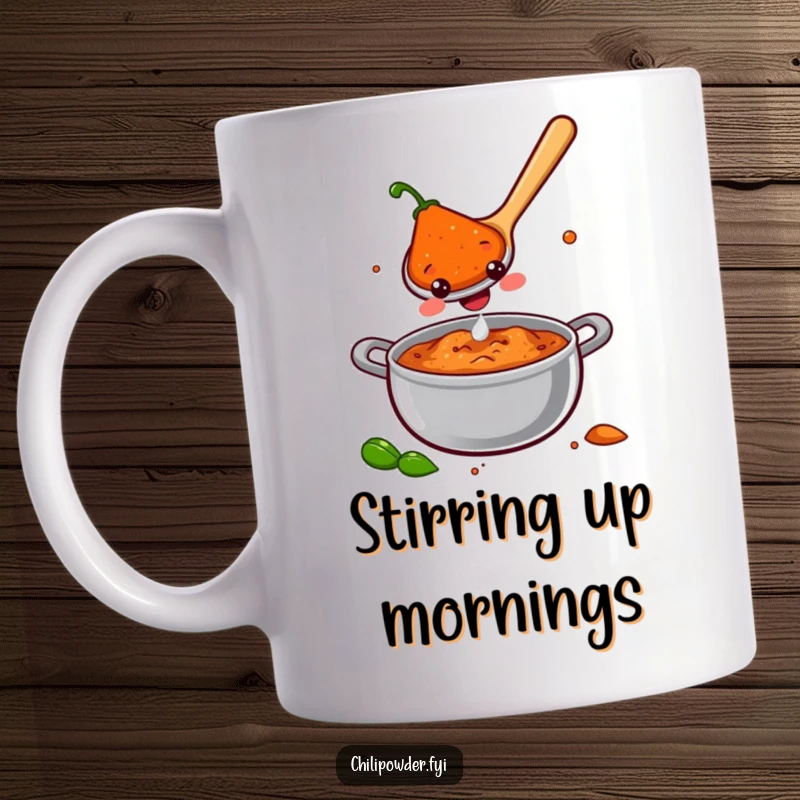 A smiling chili powder spoon happily stirring a pot labeled 'joy', on this cheerful and funny mug.