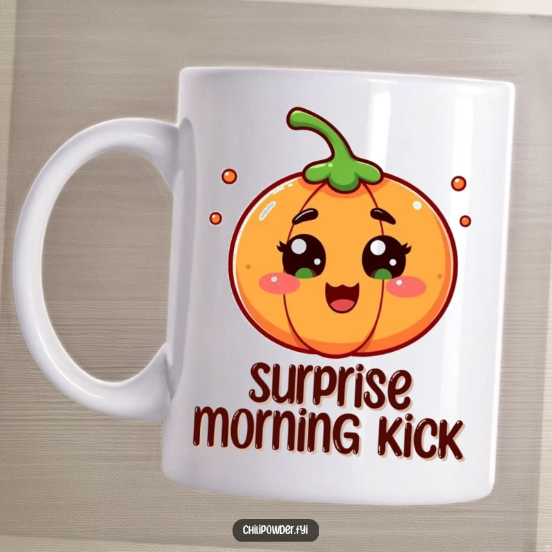A chili powder character with wide eyes, looking playfully surprised, on this funny and expressive mug.