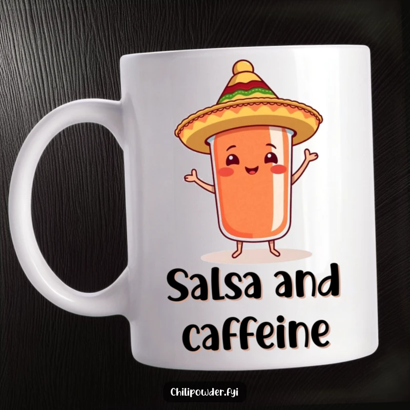 Funny chili powder container wearing a tiny sombrero, dancing the samba on a mug, full of festive energy.