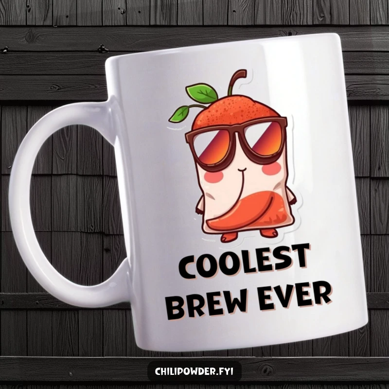 Funny chili powder bag character wearing oversized sunglasses, looking cool and confident on a mug, radiating effortless style and humor.