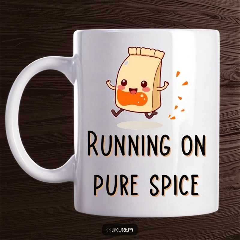 Funny Kawaii chili powder pouch with tiny legs, happily running and leaving a spice trail, a humorous mug.