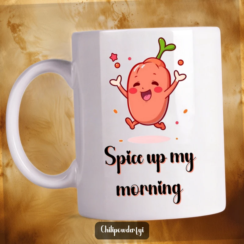 Funny Kawaii chili powder character in a celebratory leap, releasing a puff of vibrant spice on a mug.