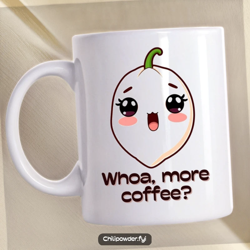 Funny Kawaii Chili Powder Mug - A cute cartoon chili powder character with wide surprised eyes and an open mouth, perfect for a humorous reaction.