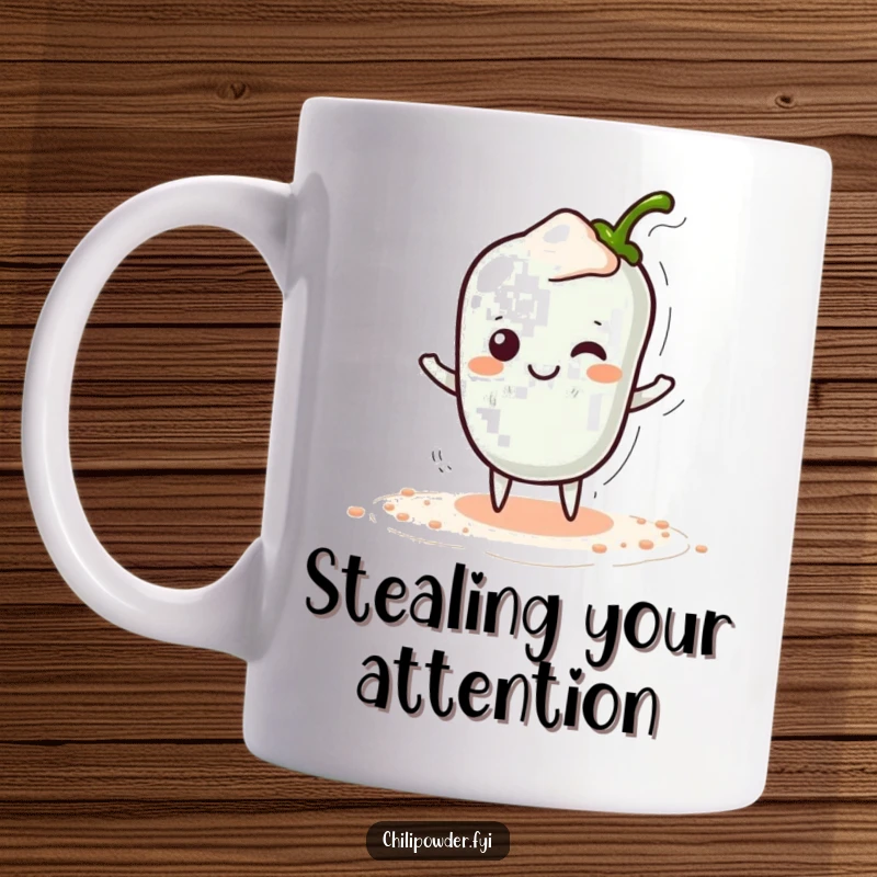 Funny Kawaii Chili Powder Mug - A cute cartoon chili powder character tiptoeing sneakily with a hidden smile, perfect for a playful gift.