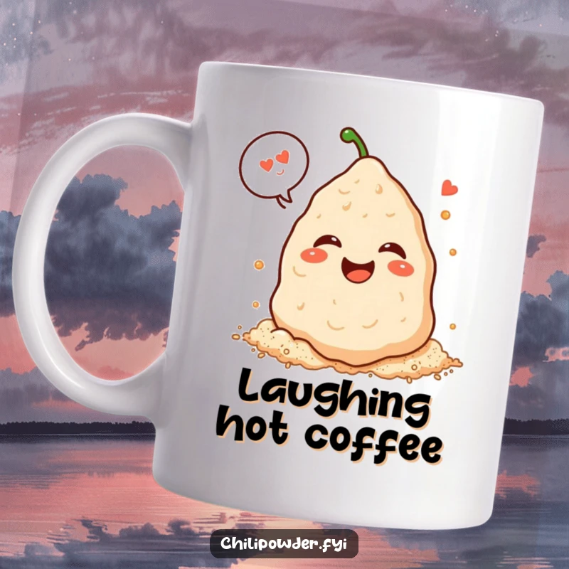 Funny Kawaii chili powder pile laughing heartily with a speech bubble on a mug, radiating infectious joy.