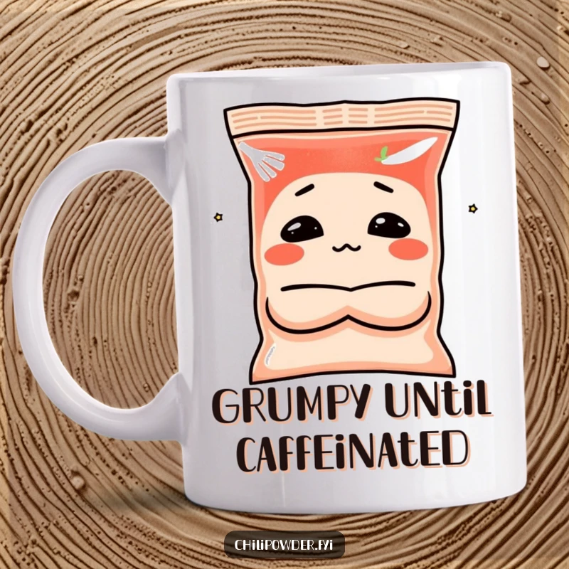 Funny pouting chili powder mug featuring a spice bag character with crossed arms making a grumpy face, perfect for relatable humor.