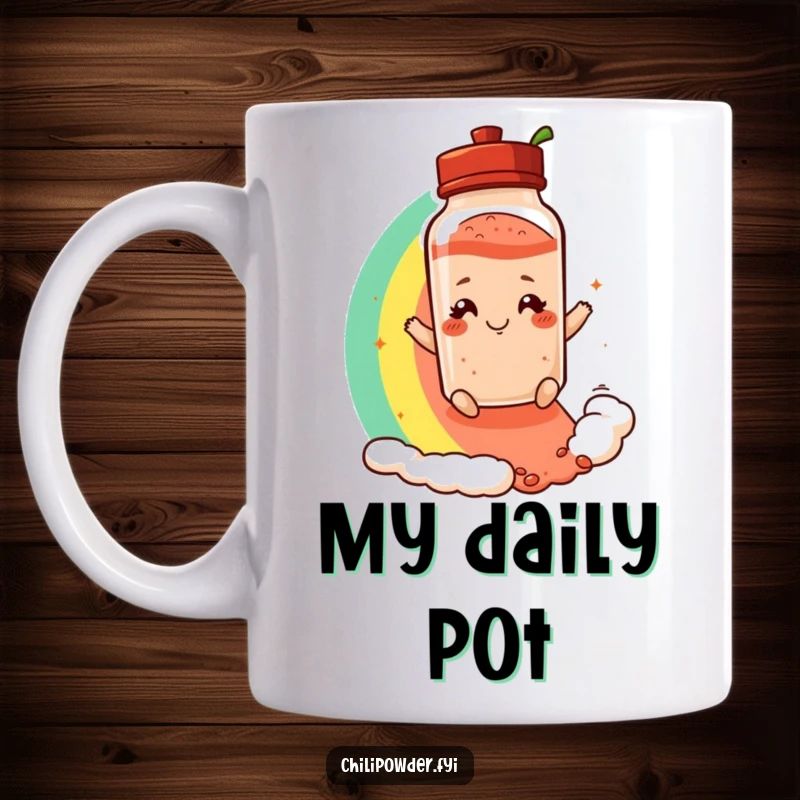 Funny mug of a chili powder shaker with a playful smirk, joyfully sliding down a vibrant rainbow.