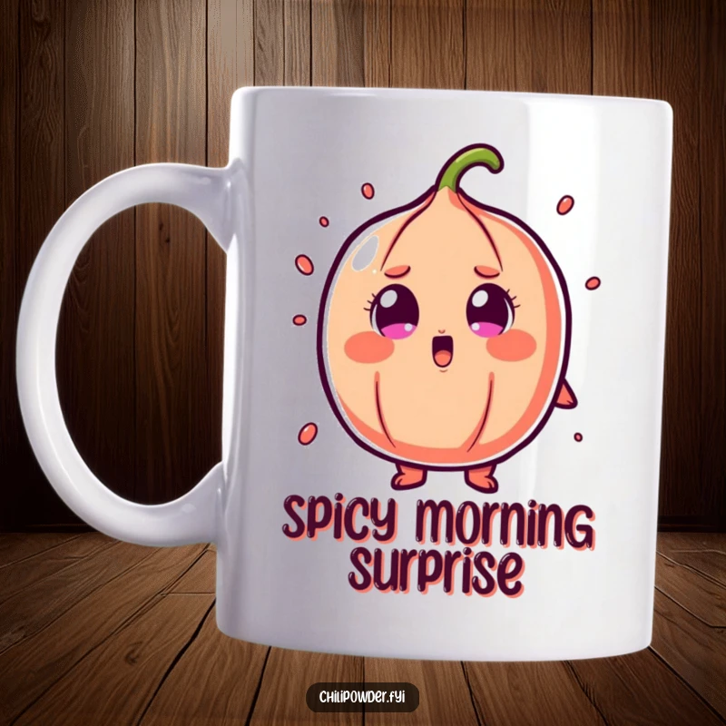 Funny chili powder mug depicting a character with cartoonish shock, wide eyes, and an expression of utter surprise.