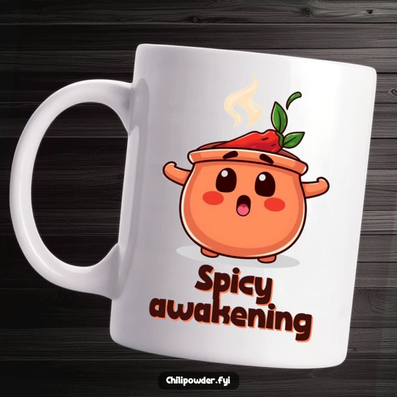 Funny mug showing a chili powder pot with wide, surprised eyes and steam puffing out, conveying shock and spice.