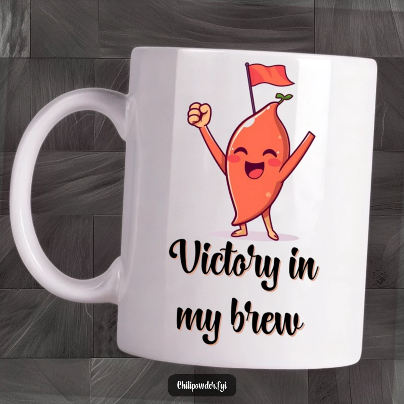 Funny chili powder mug depicting a character celebrating triumph with raised arms and a tiny emerging flag.