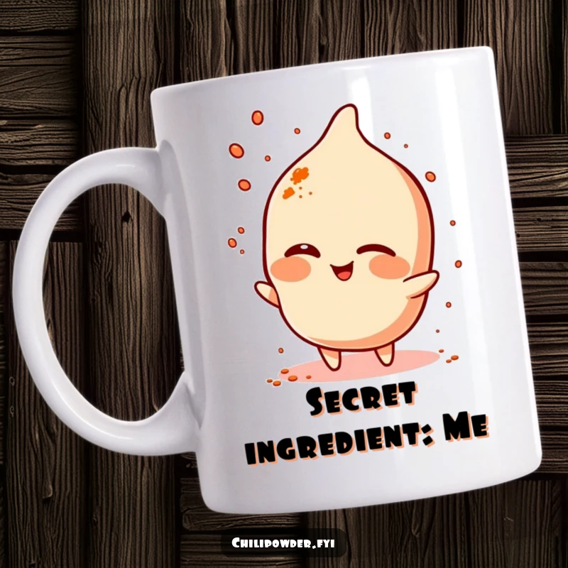 Funny chili powder character winking mischievously while sprinkling a pinch of spice on a mug.