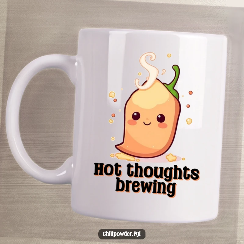 Funny kawaii chili powder with steam swirling playfully around its head, radiating warmth and a hint of playful energy.