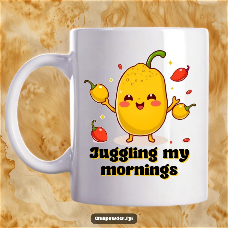 Funny Kawaii Chili Powder Mug - A cute cartoon chili powder character juggling small smiling peppers with tiny arms, perfect for a humorous multitasker.