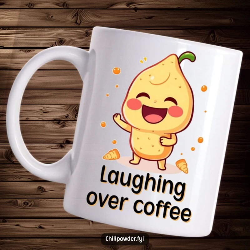 Funny Kawaii Chili Powder Character Mug erupting in a hearty, booming laugh, radiating pure joy and spice.