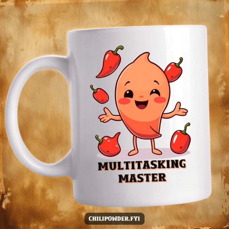 Funny Chili Powder Juggler Mug: A smiling chili powder character playfully juggling three small red peppers with a cheerful expression.