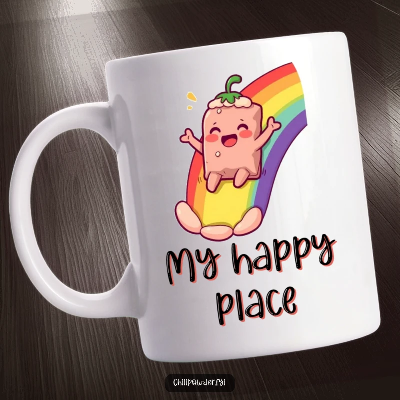 Funny chili powder bag character sliding down a rainbow, cheering comically, on a mug, representing pure joy and adventurous spirit.