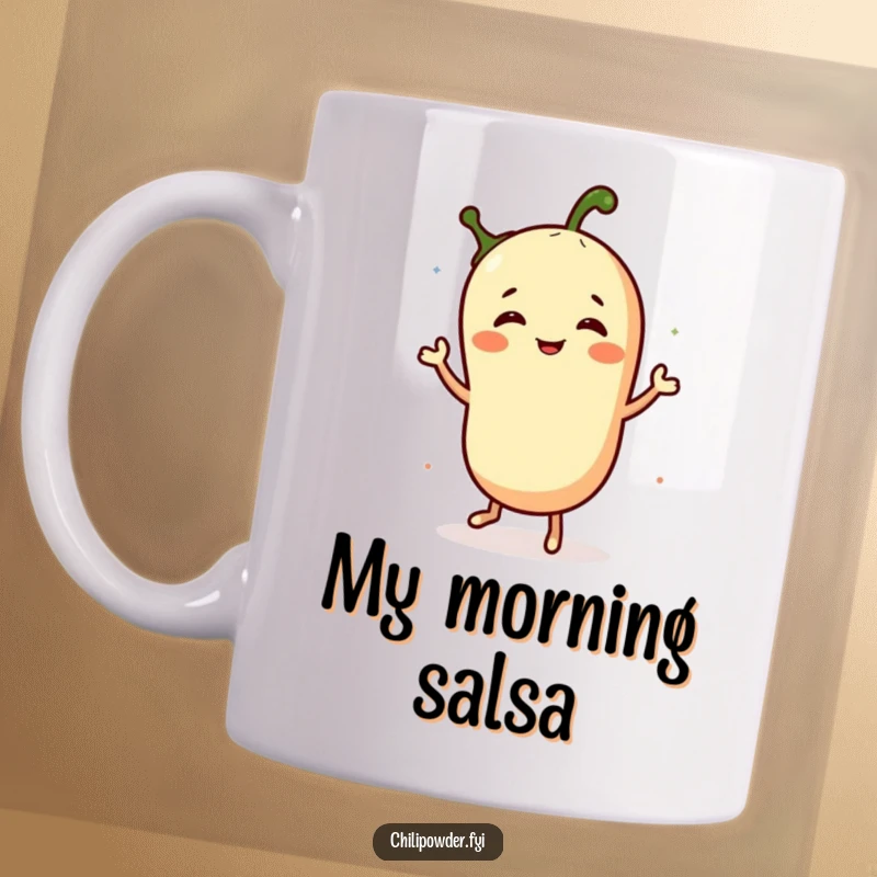 Funny mug featuring a chili powder character enthusiastically doing a jig, spreading spice and joy with every move.