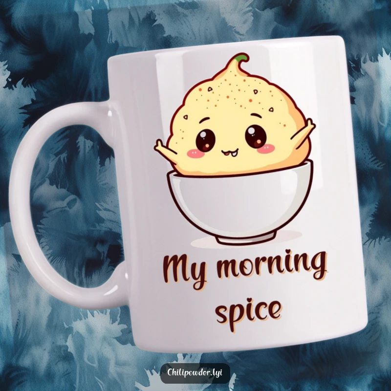 Funny chili powder puff with googly eyes joyfully leaping into a bowl, perfect for a humorous kitchen mug.