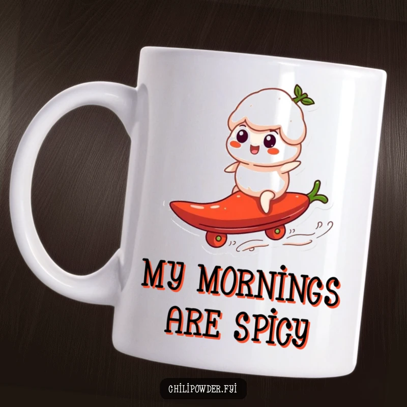 Funny chili powder puff riding a rolling pepper like a surfboard, capturing a hilarious surfing moment on a mug.