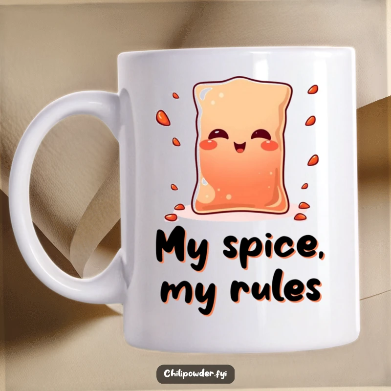 Funny Kawaii chili powder pouch winking playfully while juggling tiny pepper flakes, a humorous and charming design for coffee mugs.