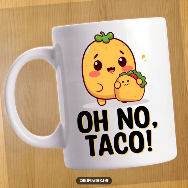 Funny Mug with a surprised kawaii chili powder character reacting to a tiny taco sneaking up on it.