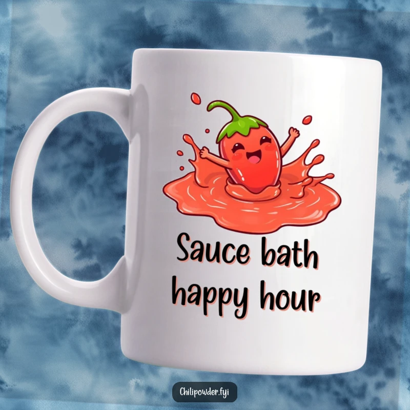 Funny Kawaii Chili Powder Mug, joyfully splashing in a puddle of red sauce, conveying pure happiness and a love for spicy food, a delightful gift.