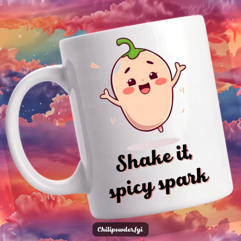 Funny Kawaii Chili Powder Mug: A cute chili character doing a joyful shimmy-shake dance, spreading spicy fun and laughter.