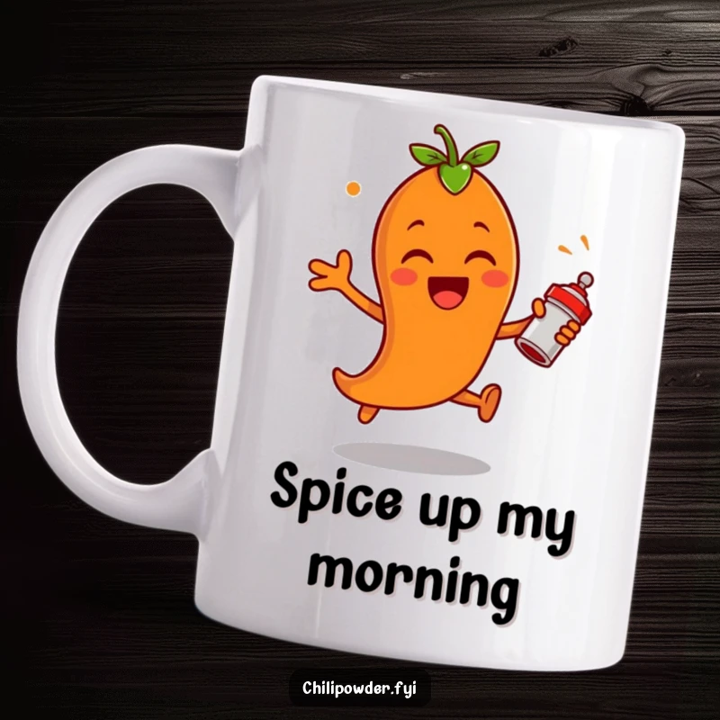 Funny chili powder character leaping with excitement, shaking a tiny spice shaker on a mug, embodying pure zest and a love for flavor.
