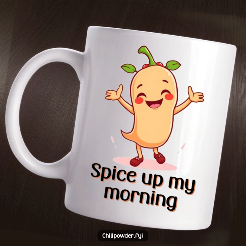 Funny mug of a smiling chili powder mascot in a lively salsa dance pose, radiating pure joy and energy.