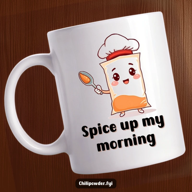 Funny chef chili powder mug featuring a spice bag character with a tiny hat, proudly holding a spoon, perfect for culinary enthusiasts.