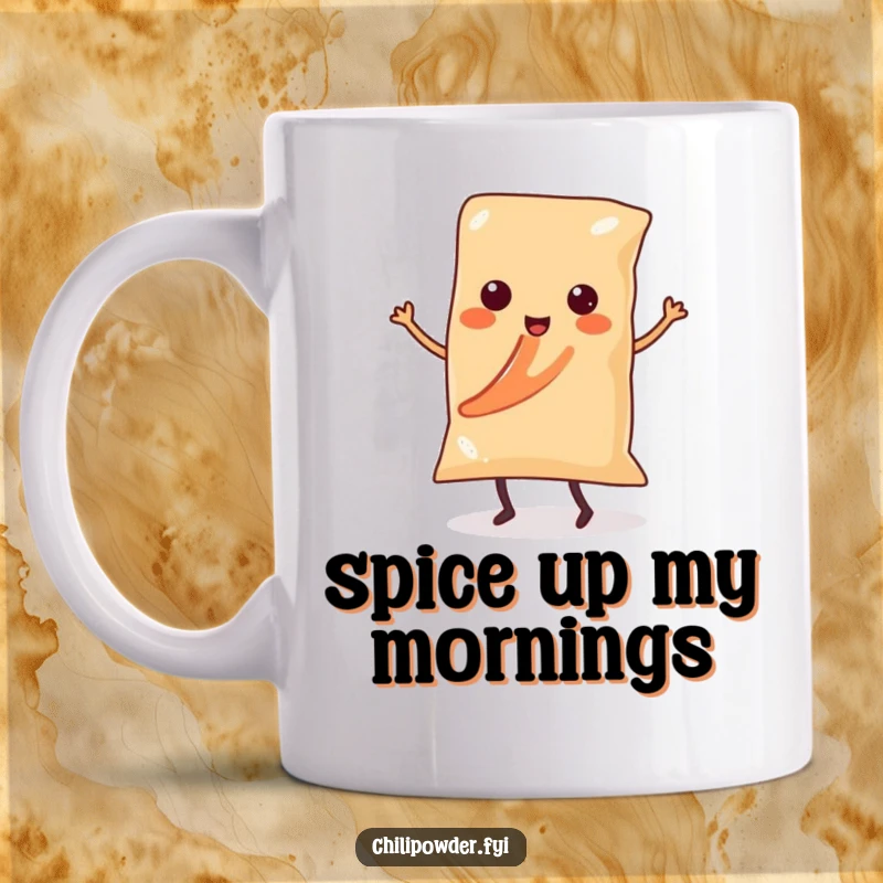 Funny Kawaii chili powder bag with tiny legs dancing the salsa on a mug, a comical and energetic design.