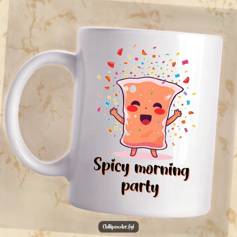 Funny party chili powder mug featuring a spice bag character bursting with colorful confetti, radiating pure fun and excitement.