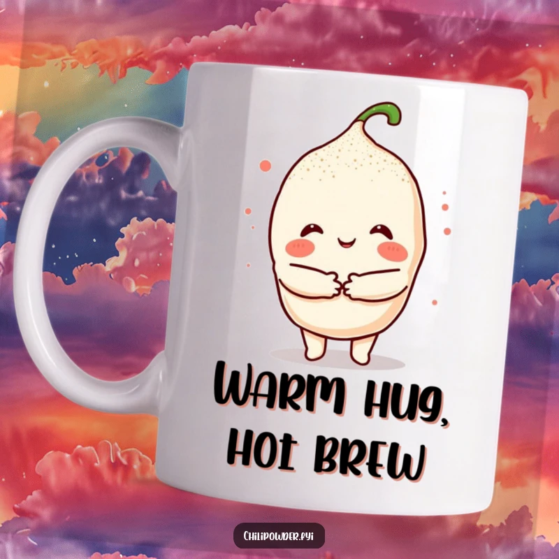 Funny Kawaii Chili Hug Mug: A cute chili character giving a cozy, powder-filled hug, radiating warmth and friendliness.