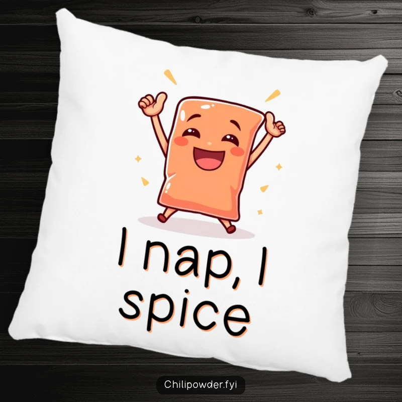 Funny chili powder pouch dances victoriously with a triumphant grin on a soft, decorative pillow, bringing cheer.