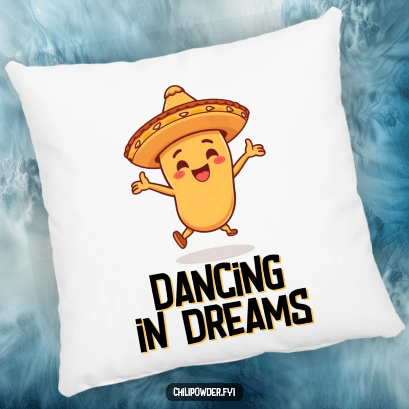 Funny chili powder character wearing a little sombrero, dancing wildly on a pillow, offering comfort with a festive and celebratory vibe.