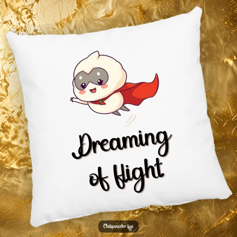 Funny chili powder puff hero, cape flowing, flying through the air, shown on a soft and decorative throw pillow.