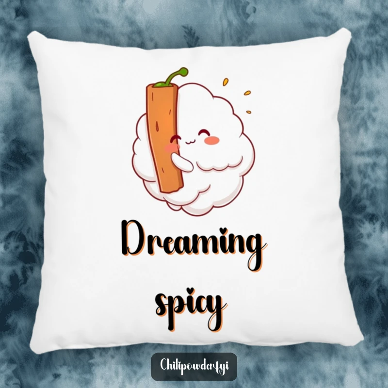 Funny Kawaii chili powder cloud tickling a cinnamon stick, a soft and humorous pillow for decorative comfort.