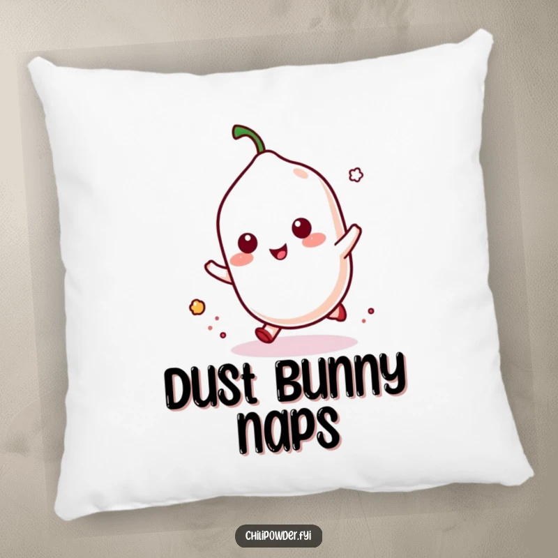 Funny kawaii chili powder doing a playful hop with a puff of dust, creating a soft and energetic pillow for cozy times.